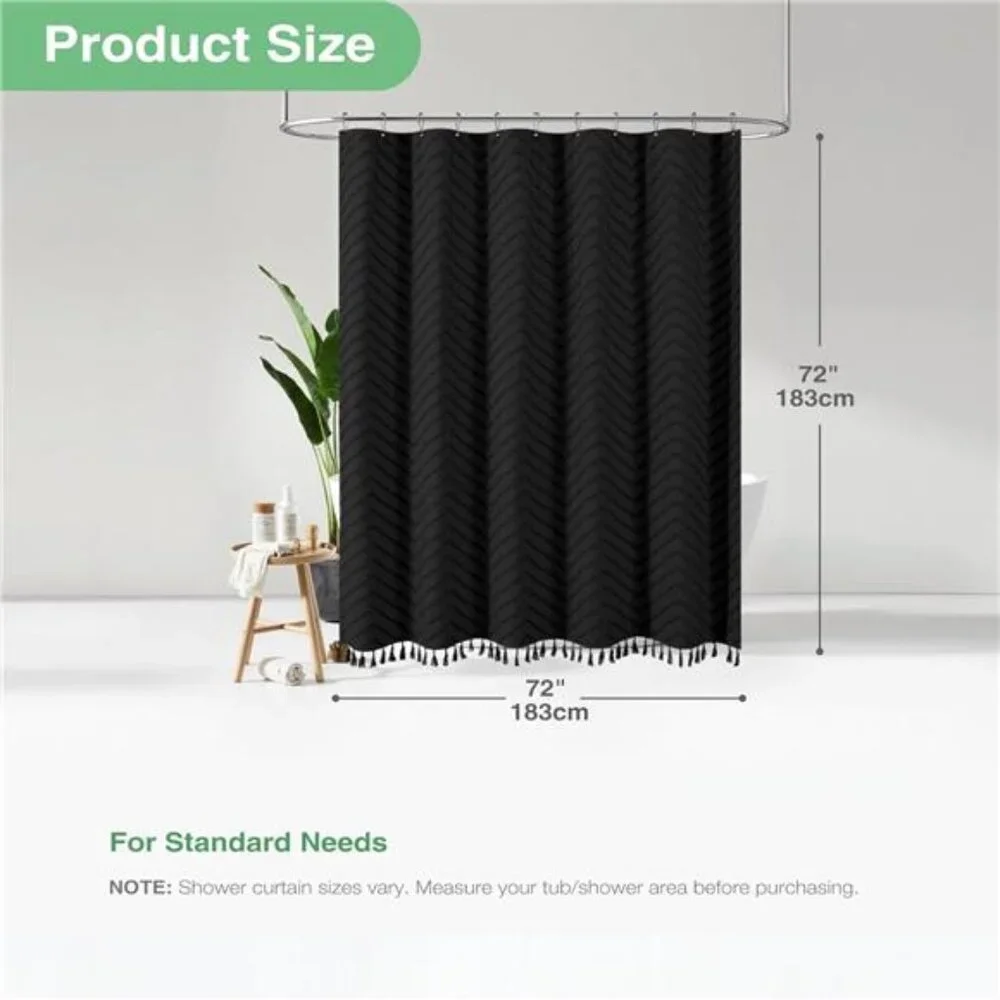 Boho Farmhouse Shower Curtain, Black Fabric Tufted Chevron Striped Textured